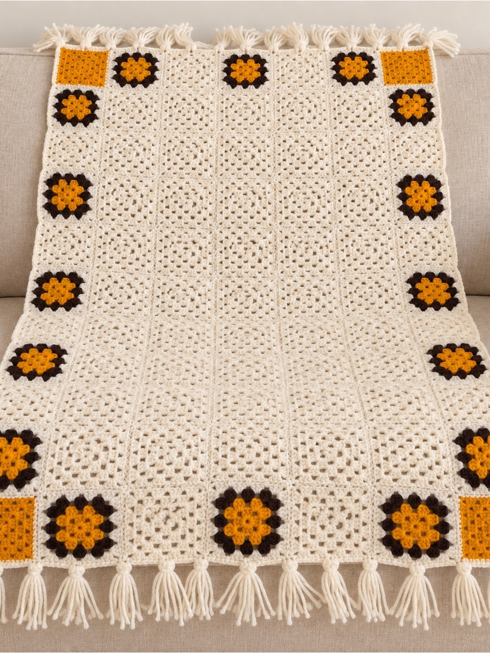 Crochet Granny Square Lap Throw Blanket Cream Mustard Brown 32x55